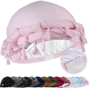 ⚡Men Women 1 Pcs- Pink Satin Head Wraps Skull Cap Tassels Braid Beanie Turban